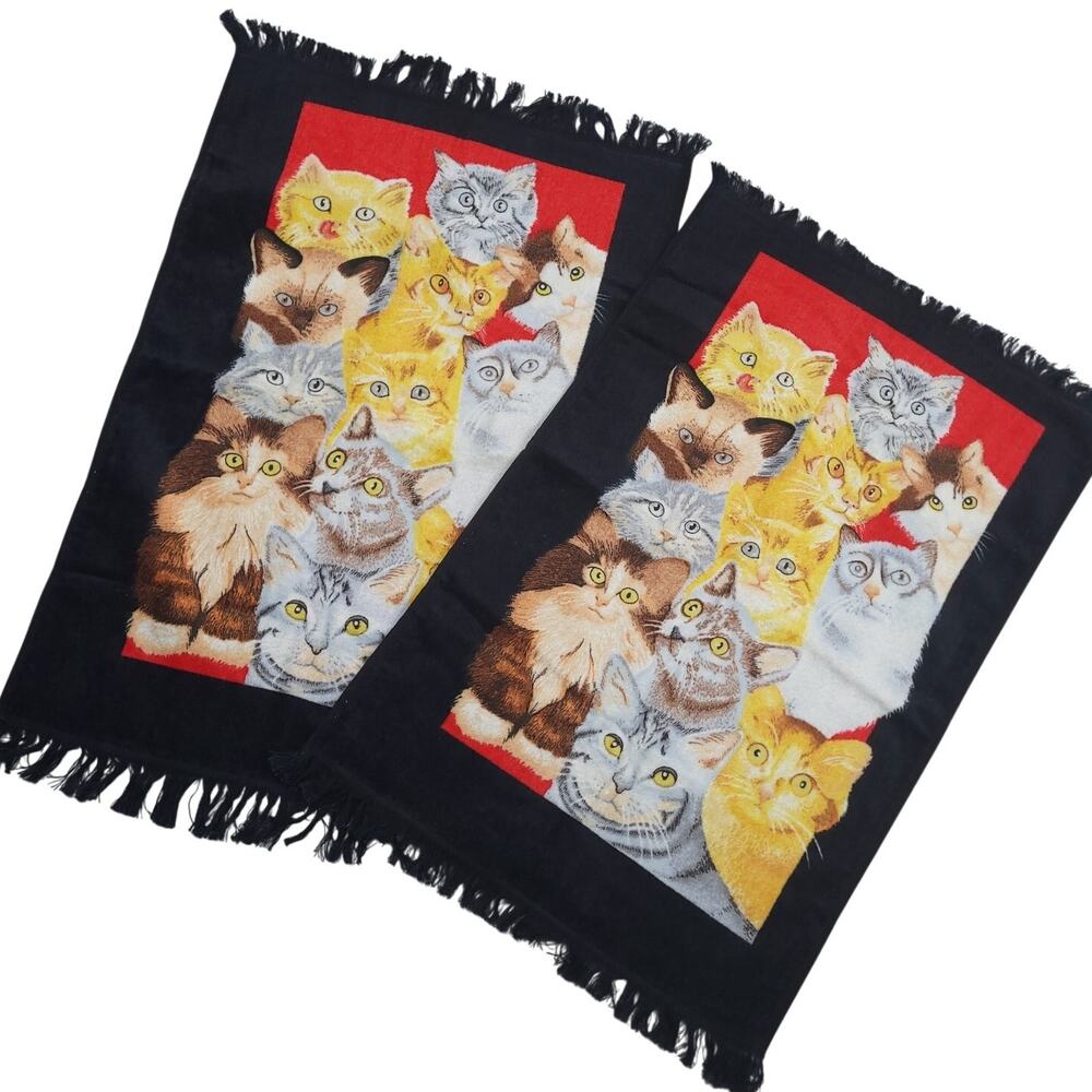 Vintage Hilasal Kitchen Cats & Kittens Fringe Towel Dishcloths Set Collectible